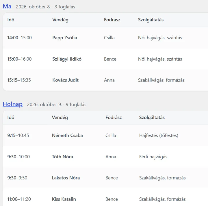 A kezelőfelület foglaláslistája: a mai és a holnapi foglalások idővel, vendéggel, fodrásszal és szolgáltatással
