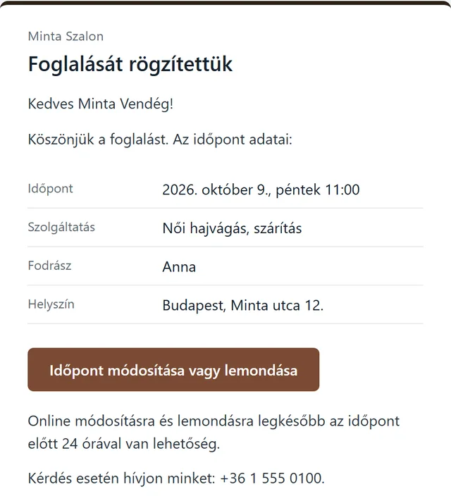 A visszaigazoló levél az időpont adataival és a módosító gombbal