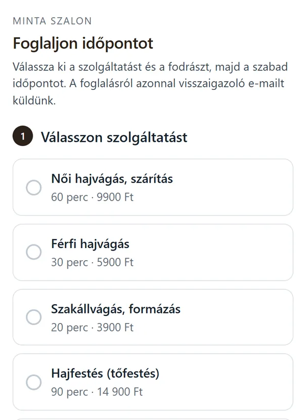 A foglalóoldal: szolgáltatások árral és időtartammal